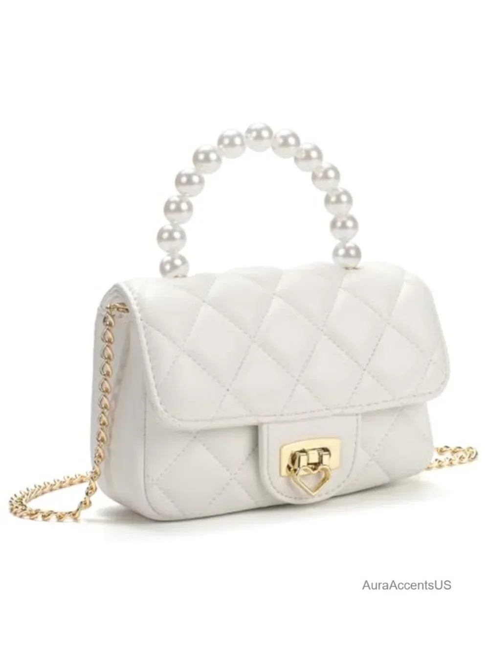 Girls Crossbody Purse with Pearl Handle, Heart Lock PU Leather Toddler Handbag